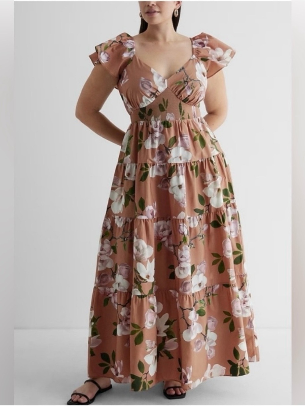 Express Magnolia Floral V Neck Flutter Sleeve BMaxi Dress - garden party - brown
